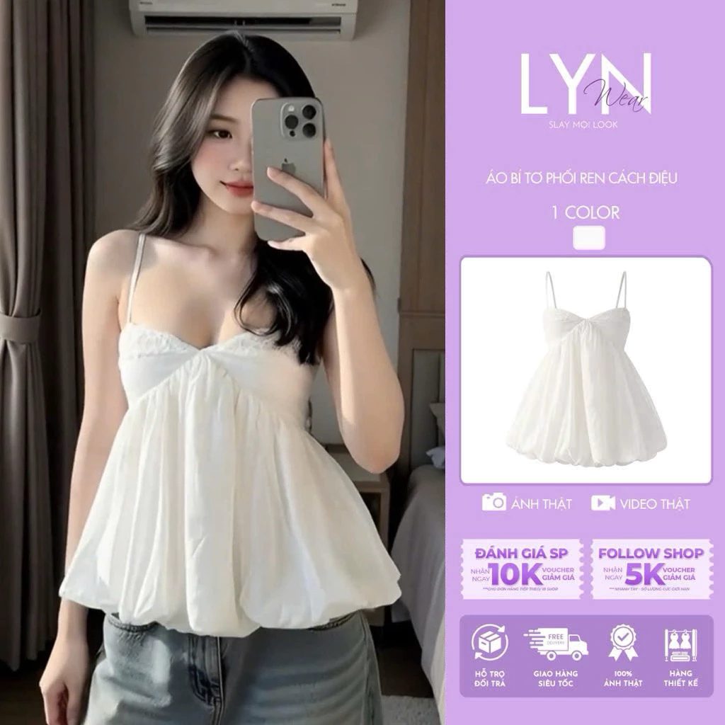 | LYN WEAR | Áo Hai Dây Nữ Bí Tơ Phối Ren Cách Điệu Cúp Ngực Dáng Xòe Baby Doll Màu Trắng Freesize