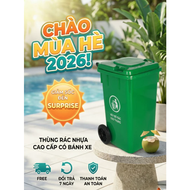 Thùng rác xanh môi trường Nhựa Dày HDPE chất lượng cao 240L, 120L, 100L Kèm phụ kiện Nắp - 2 Bánh Xe