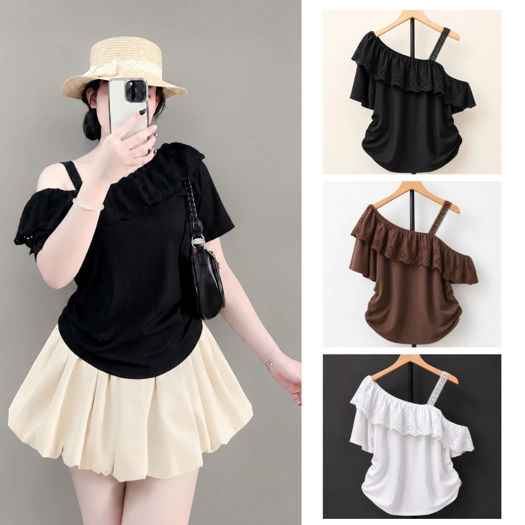 Áo kiểu trễ vai bigsize phối bèo ren,vải mềm mịn dành cho nữ,dễ phối đồ  dành cho nàng(58-92kg) A358