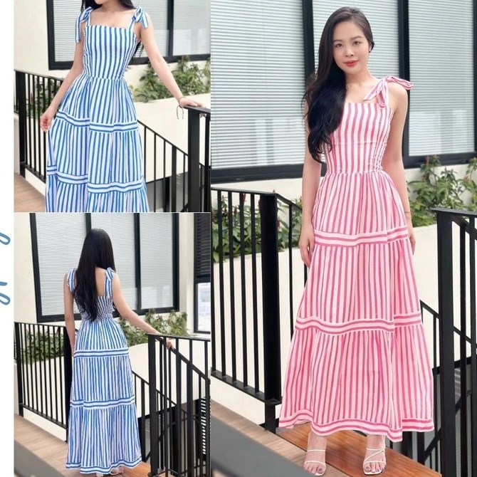 đầm maxi dáng dài sọc màu hồng, xanh đi biển,đi chơi siêu xinh