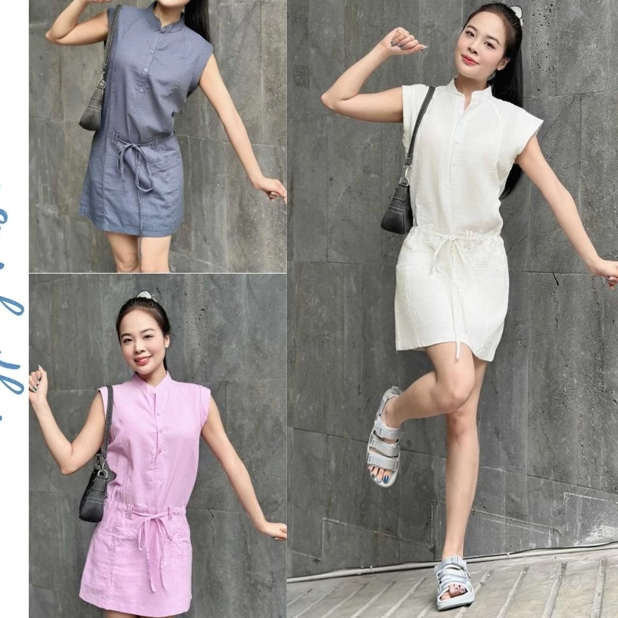 đầm nữ nhẹ nhàng dáng thắt eo form rộng tay lỡ cổ cao cài cúc phong cách nữ thanh lịch phù hợp công sở, dự tiệc