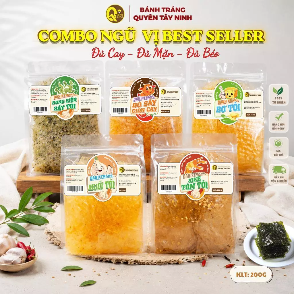 Combo Bánh Tráng Trộn Tây Ninh Ngũ Vị 200g Best Seller Muối Tỏi Bơ Tỏi Rong Biển Tôm Tỏi Xike Tôm