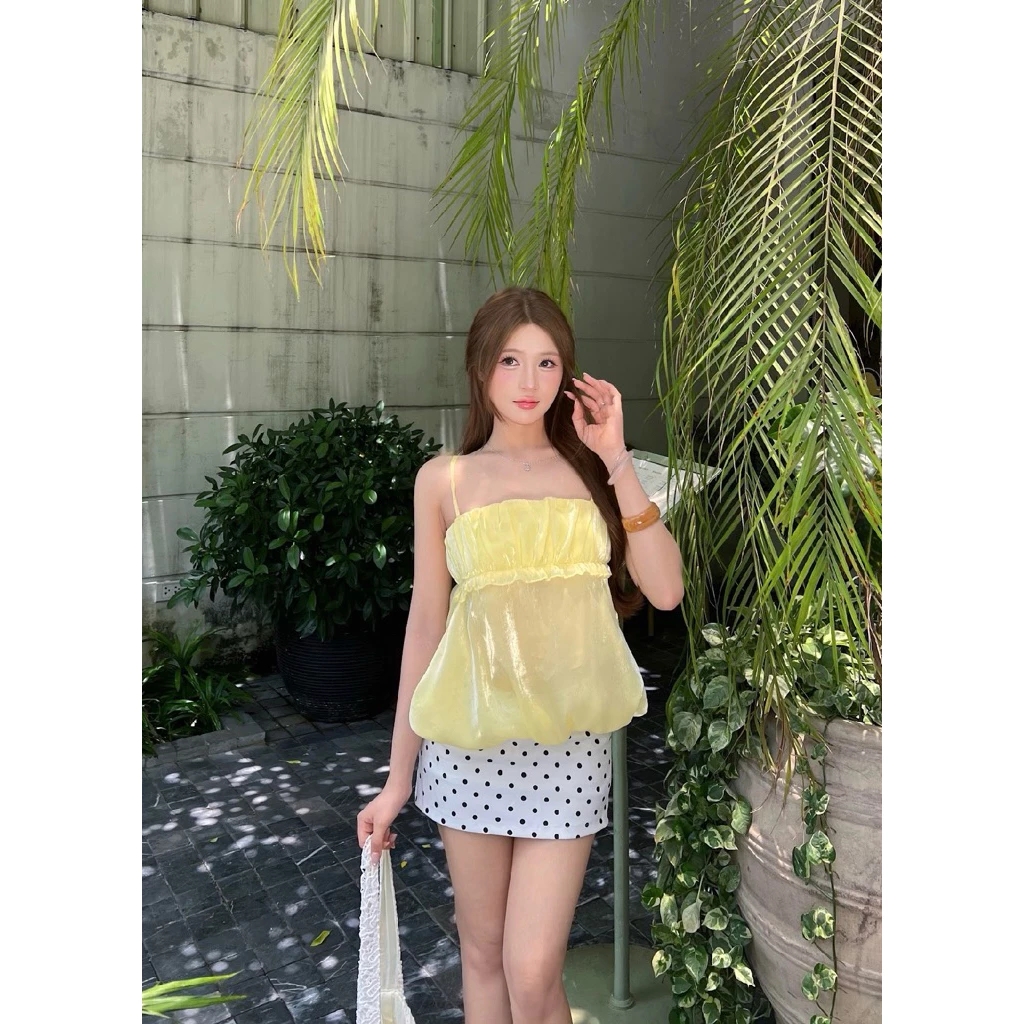 [Bloom top] Áo kiểu hai dây dáng babydoll bồng ánh nhũ smoking có tăng đơ xuyên thấu mát mẻ mùa hè