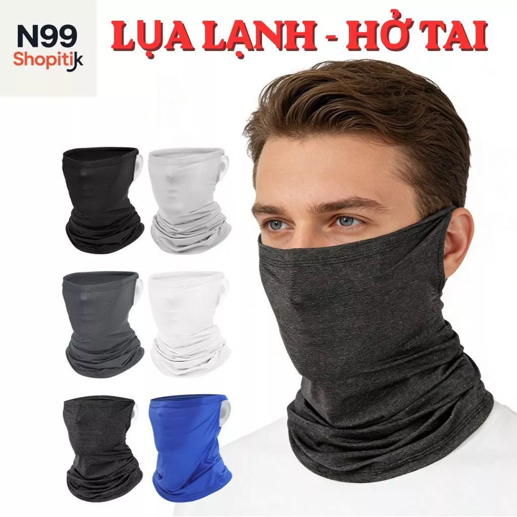 Khăn trùm đầu che kín mặt nửa đầu hở tai chất liệu lụa lạnh 4 chiều thoáng mát