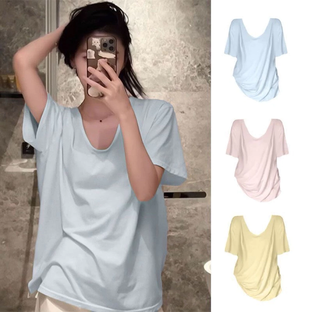 𝐂𝐡𝐚𝐫𝐥𝐨𝐭𝐭𝐞.𝐨𝐝_ Áo Thun Cổ Chữ U Tròn Dáng Dộng Trơn Basic Đơn Giản Thời Trang