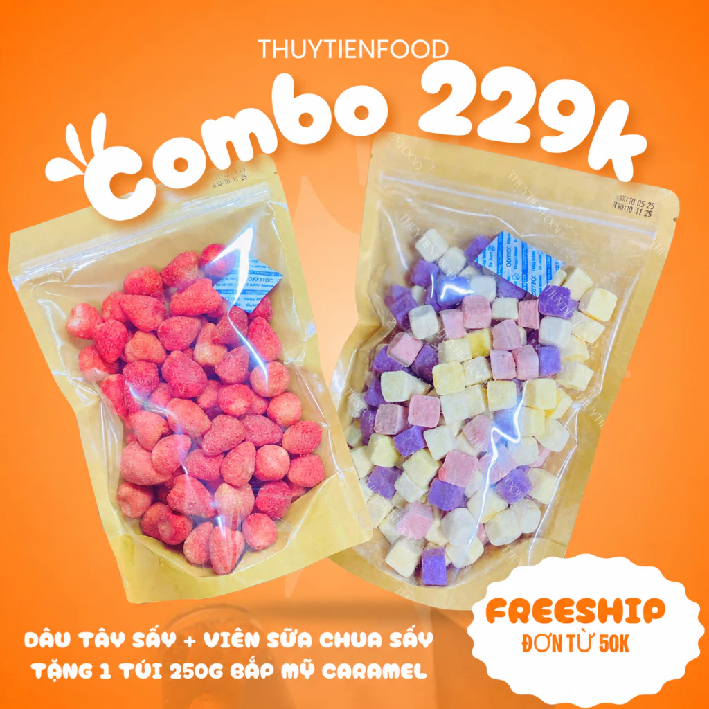 Combo 229k Dâu Tây Sấy 200g + Sữa Chua Sấy 200g Tặng Bắp Caramel 250g – Ăn Vặt THUYTIENFOOD