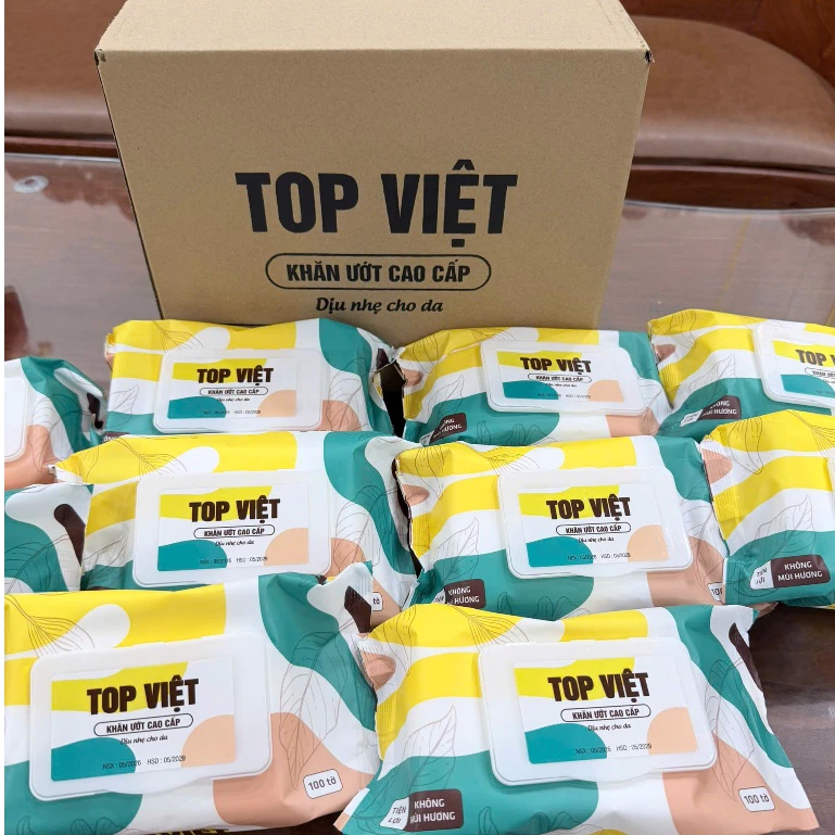 Thùng 10 gói khăn ướt đa năng TOP VIỆT gói 100 tờ không cồn không PARABENS cao cấp