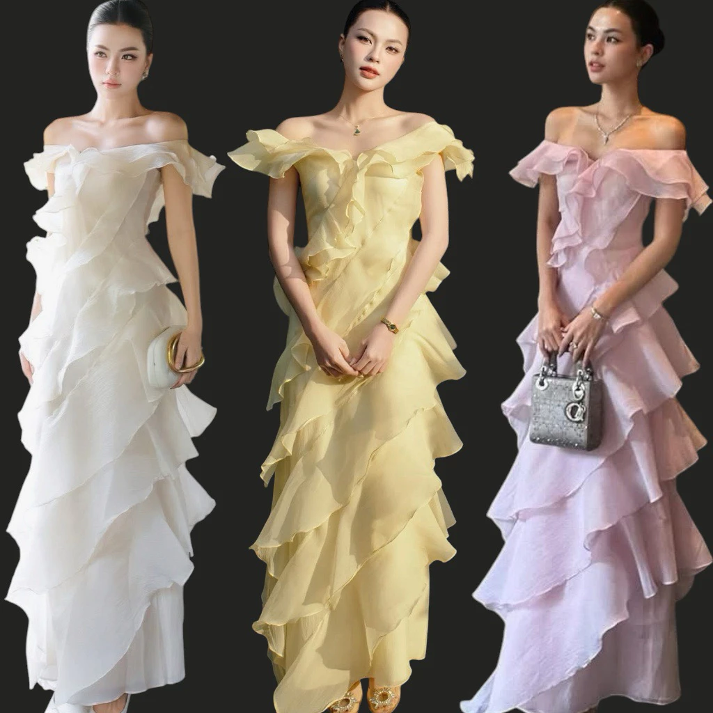 641 - Đầm Maxi Dài Trễ Vai Tua Rua
