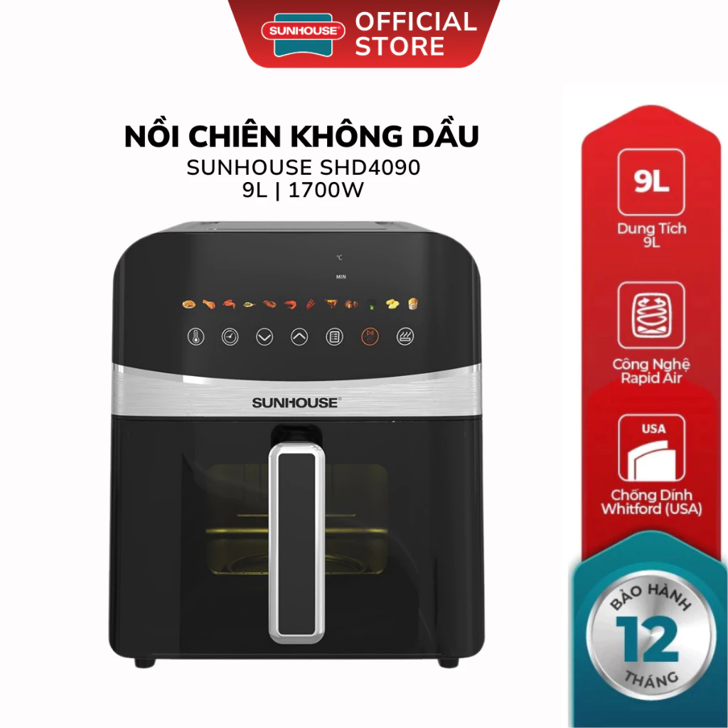 Nồi chiên không dầu 9L Sunhouse  - Sản xuất tại Việt Nam - Cảm ứng, 12 chế độ - Tích hợp đèn và cửa sổ quan sát