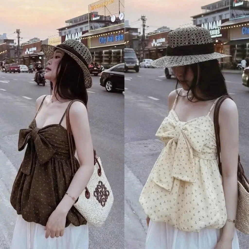 Áo babydoll 2 dây hoa nhí kèm nơ ngực siêu xinh, chất đũi mặc thoải mái mặc đi biển mùa hè dễ phối