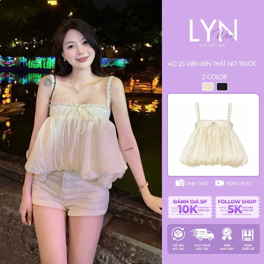 | LYN WEAR | (HOẢ TỐC) Áo 2 dây bí phồng xoè phối ren ngực, thắt nơ, đi biển du lịch mùa hè