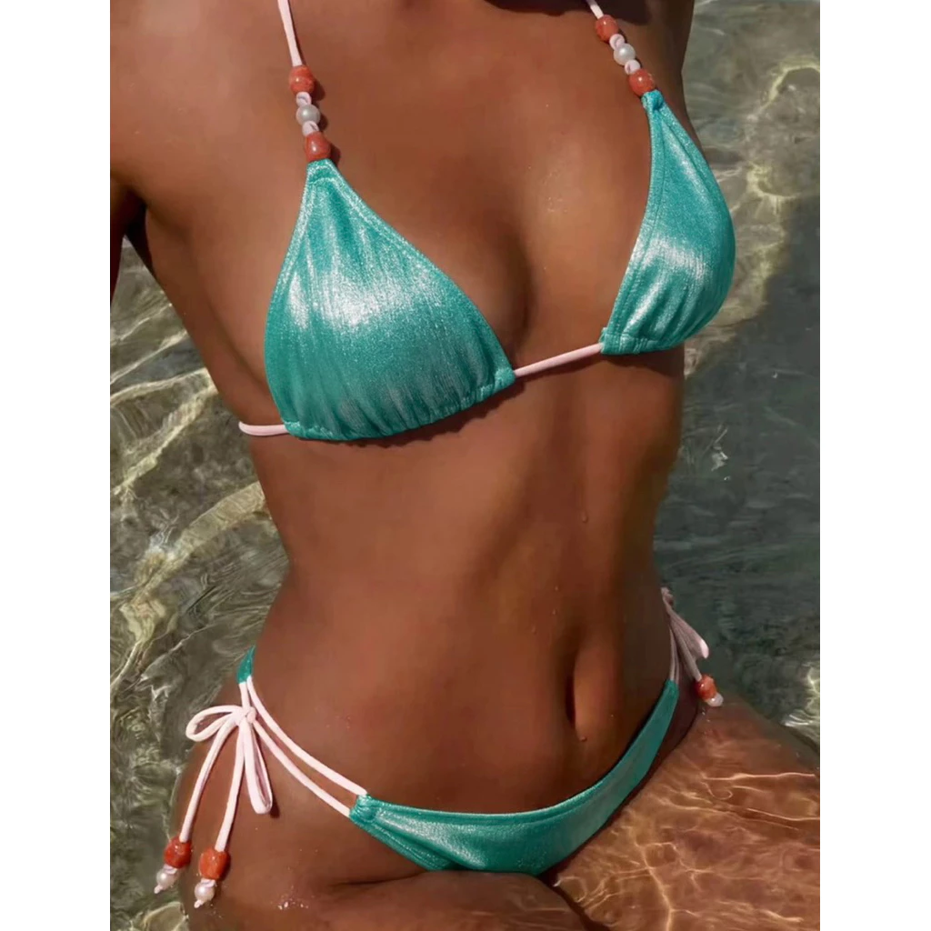 [Order](Lùi size)(Sẵn Xanh Hồng S)Set Bikini 2 Mảnh Chất Liệu Ánh Kim Phối Hạt Phù Hợp Mùa Hè, Đi Biển