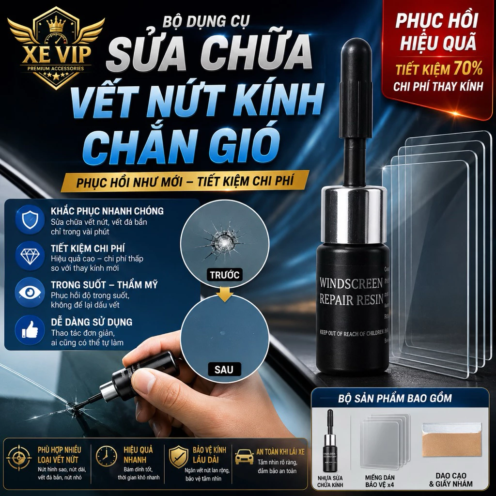 Bộ Dụng Cụ Sửa Chữa Kính Chắn Gió Ô Tô | Keo Dán Kính Ô Tô | Xử Lý Vết Nứt Kính < 20cm | Kèm Phụ Kiện