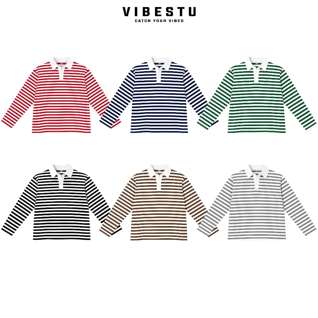 Áo Polo Tay Dài Trơn Sọc Ngang Nhỏ Local Brand VIBESTU, Áo Polo Boxy Form Rộng Unisex 250Gsm Cotton
