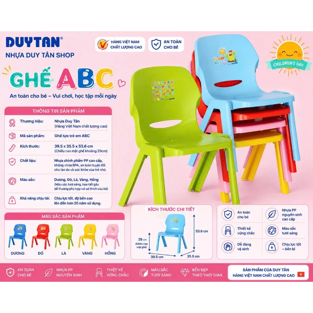 Ghế Nhựa Tựa Lưng Cho Bé Duy Tân ABC - Ghế Ăn Dặm, Ghế Ngồi Học, Ghế Trẻ Em Chính Hãng Nhựa PP Cao Cấp