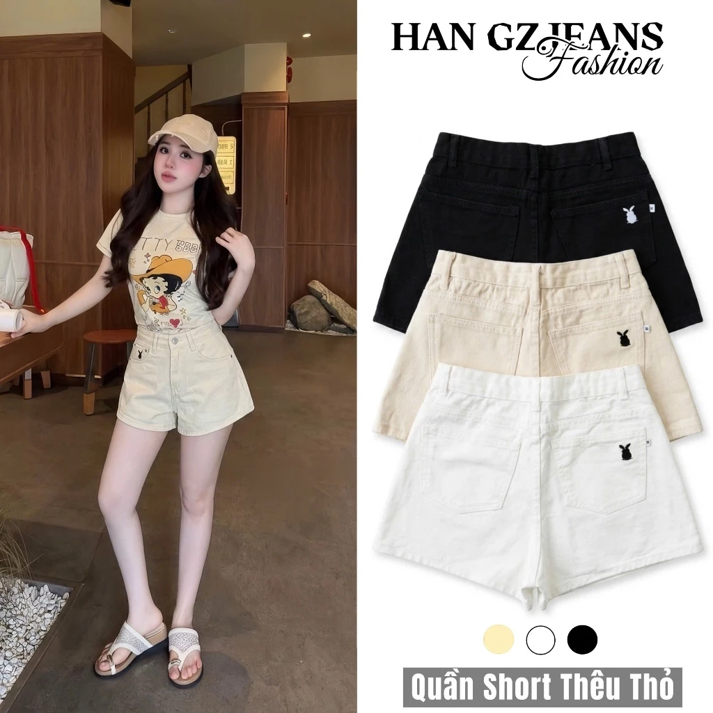 HAN.Gz - Quần Short Nữ Lưng Cao Dáng Suông Basic Thêu Logo Nhỏ Short Nữ Form Rộng Thời Trang X284