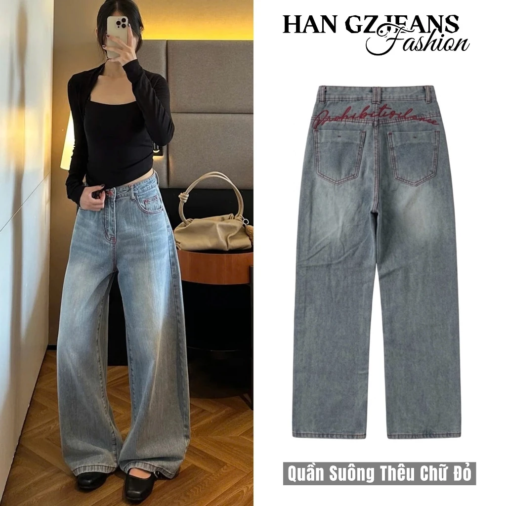 HAN.Gz - Quần Jeans Nữ Lưng Cao Ống Rộng Dáng Suông Wash Bạc Vintage Form Rộng Phong Cách Hàn Quốc R5075