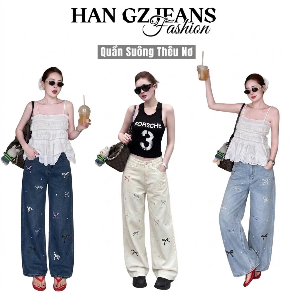 HAN.Gz - Quần Jean Nữ Lưng Cao Ống Rộng Dáng Suông Thêu Nơ Retro Form Rộng Phong Cách Hàn Quốc Cá Tính R5074