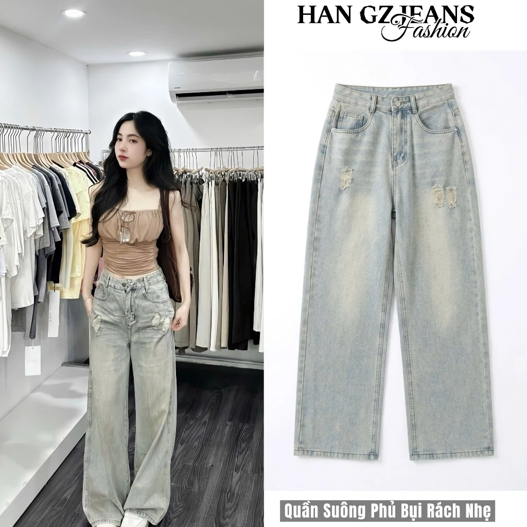 [CÓ NẤM LÙN] Quần Jeans Nữ Lưng Cao Ống Rộng Suông Basic HAN.Gz Dáng Suông Rách Nhẹ Thời Trang Unisex R079