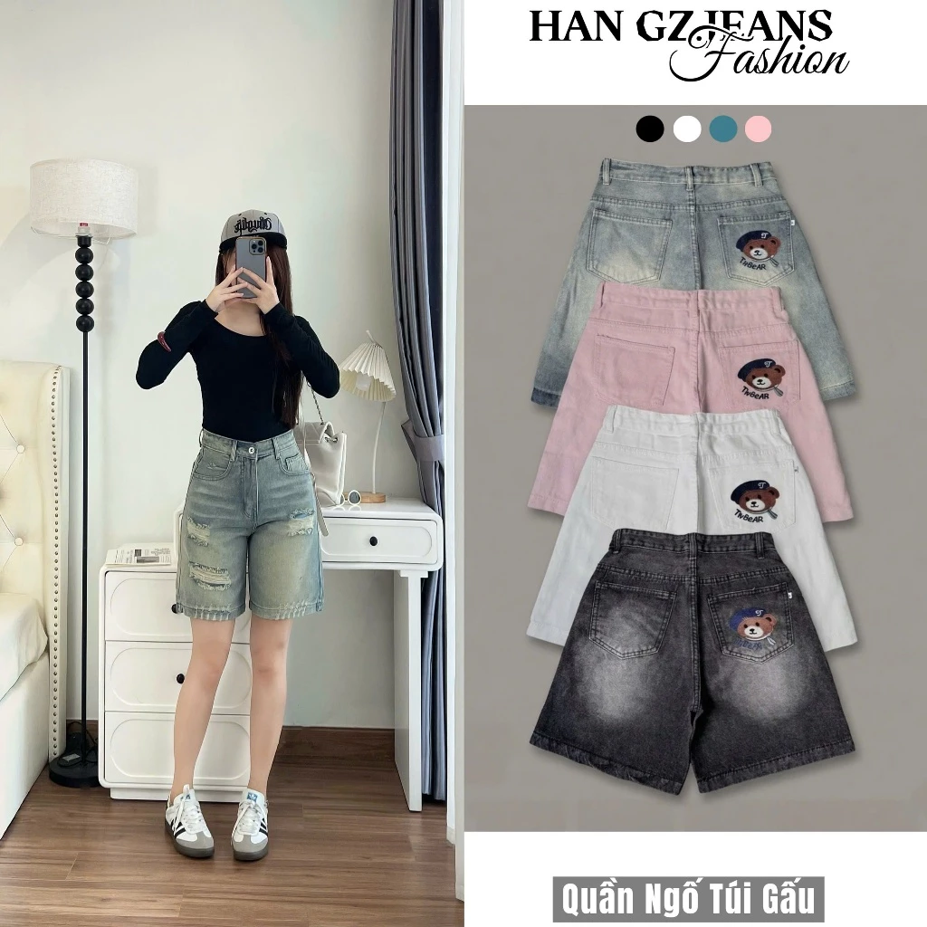 HAN.Gz - Quần Short Jean Nữ Lưng Cao Dáng Suông Thêu Gấu Cá Tính, Quần Jean Ngố Nữ Form Rộng Thời Trang R4270