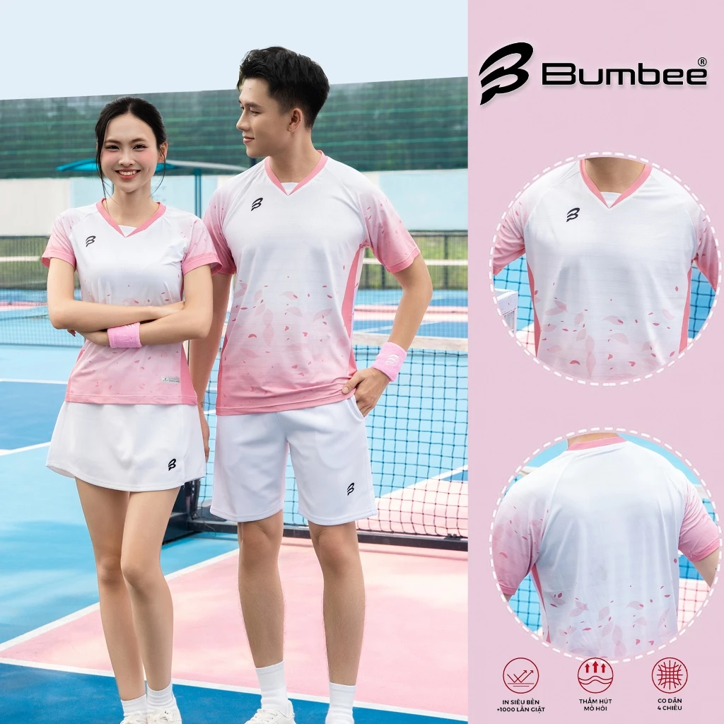 Bộ Đồ Thể Thao Bumbee Nam Nữ – Hồng Pastel Ombre Lá – Mềm Mịn, Thoát Nhiệt, Áo Quần Váy (516 hồng)