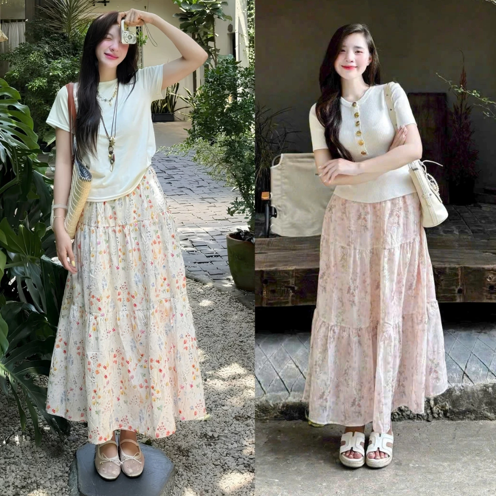 Chân váy midi họa tiết hoa hồng có lót trong Fleur, váy dài dáng xòe 3 tầng dịu dàng Renee Store - V2489