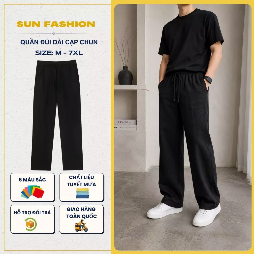 Quần Đũi ống suông nam, nữ cạp chun màu Đen basic dễ phối đồ, vải mềm mịn mặc thoải mái, D02
