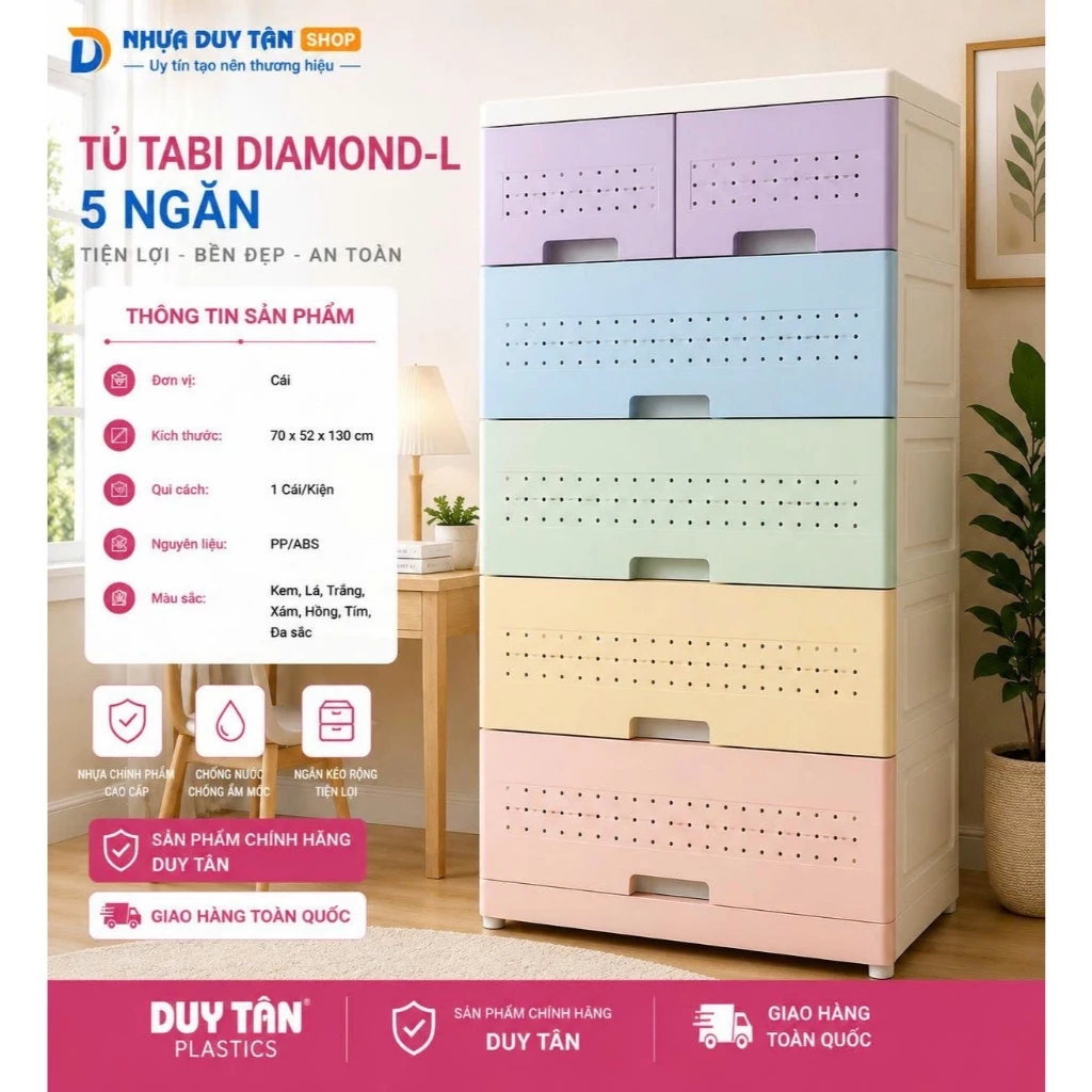 Tủ Nhựa Duy Tân Tabi Diamond L 5 Tầng Ngang 70cm Vân Kim Cương - Tủ Quần Áo Cho Bé Và Gia Đình