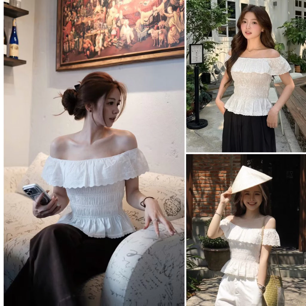 [ HÀNG QC L1 có sẵn] Áo trễ vai tiểu thư chất thô boil chun ôm gấu ren điệu đà nữ tính LUNA TOP