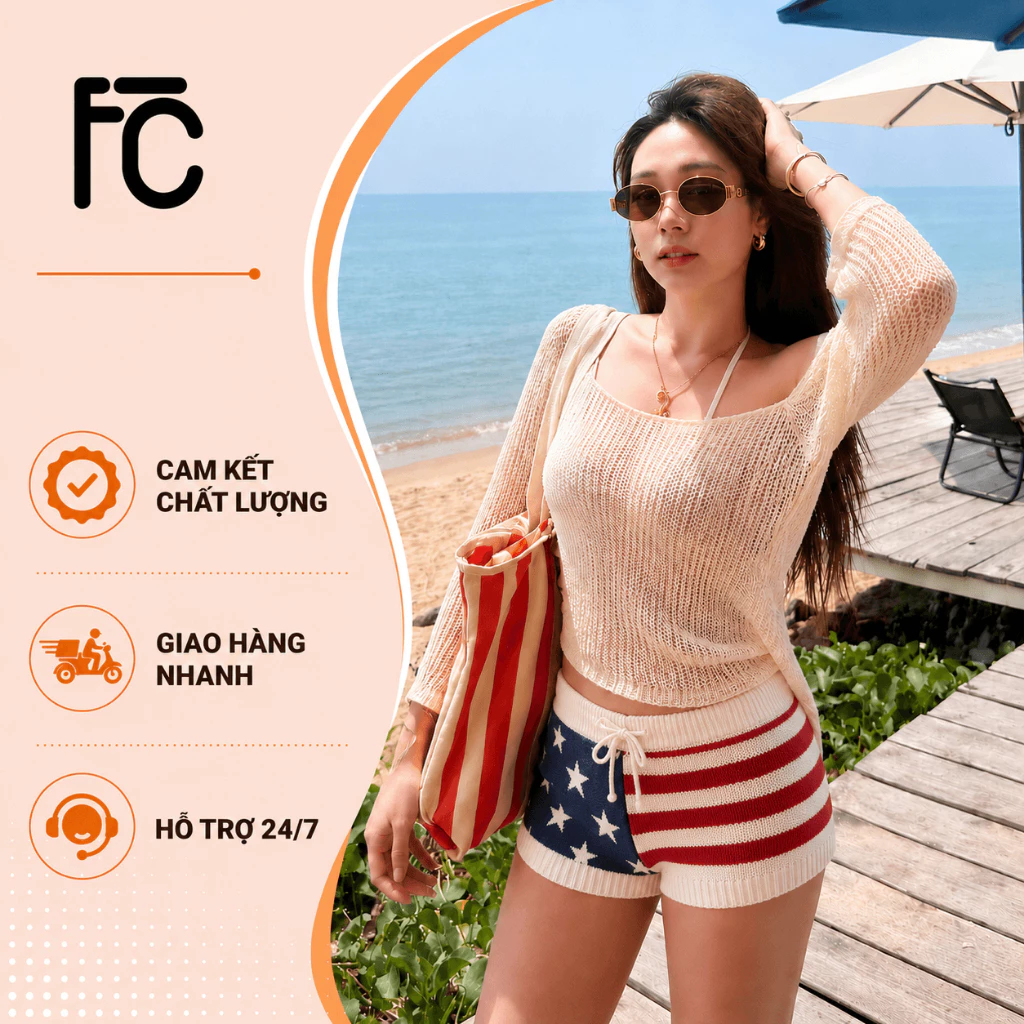 Quần Short Len Nữ Cờ Mỹ Dệt Kim Cao Cấp – Dáng Ôm Tôn Dáng, Hot Trend Đi Biển 2026, giá rẻ tại xưởng