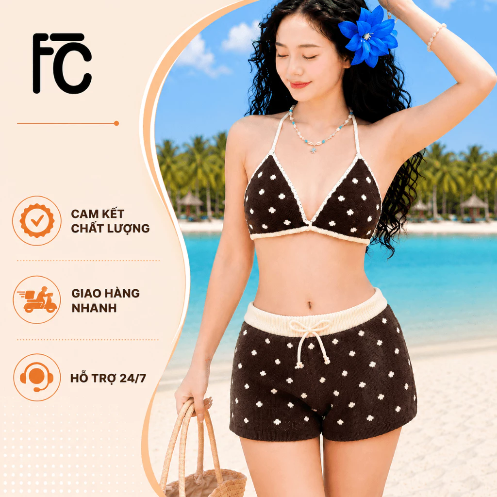 Set bikini len đi biển, quần đùi áo buộc dây nữ tính, quần mặc tại nhà mẫu hè 2026, giá rẻ tại xưởng