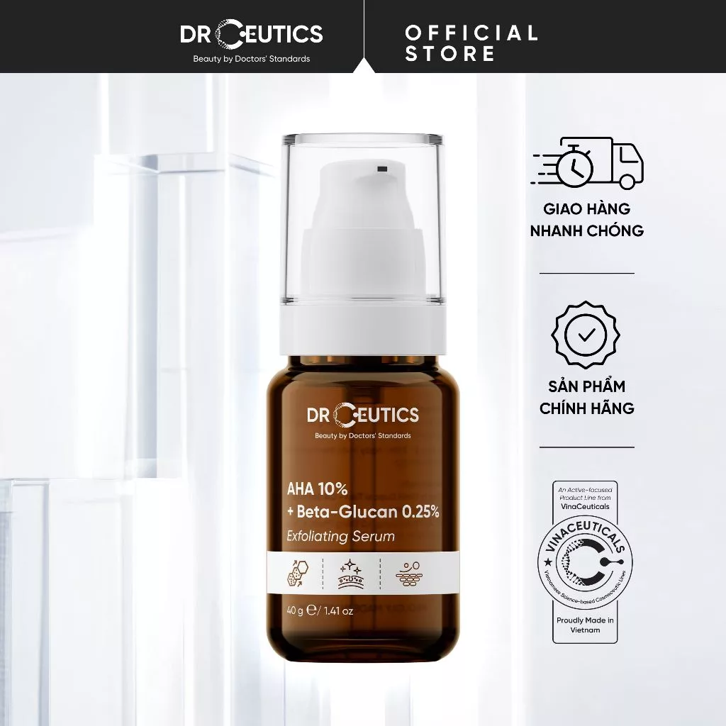DRCEUTICS Tinh Chất Tẩy Tế Bào Chết Hóa Học AHA 10% + Beta-Glucan 0.25% Exfoliating Serum 40g - Giúp Da Láng Mịn