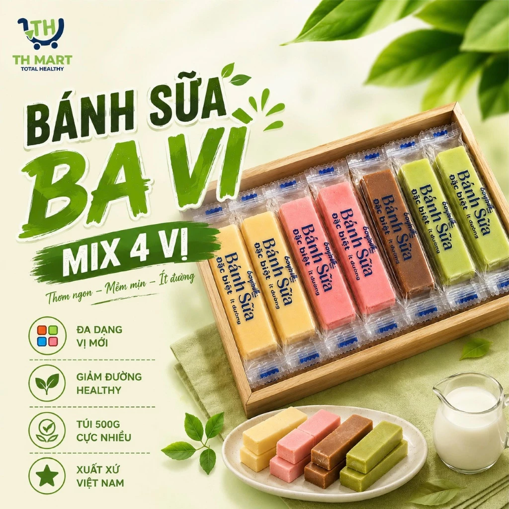 Bánh Sữa Ba Vì Mix 4 Vị Túi 500G Bánh Sữa Đặc Biệt Thơm Ngon Bổ Dưỡng Chuẩn Sữa Bò Ba Vì