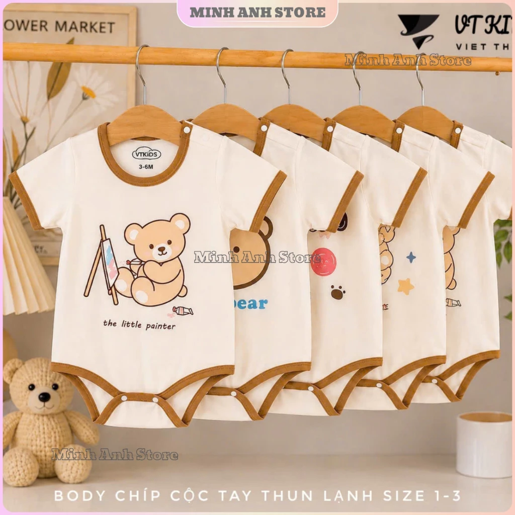 [Combo 2-3-5] Body chip cộc tay nền màu kem chất petit in hình ngộ nghĩnh cho bé từ 3-9kg BDCCT