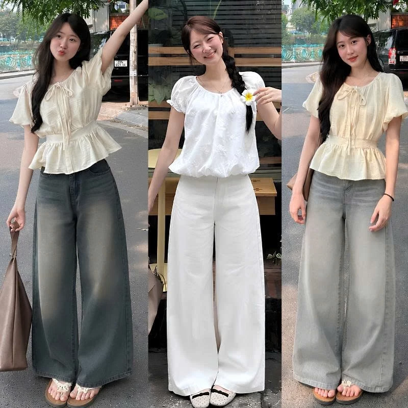 Quần Jean Ống Suông Rộng MIAA Màu Trắng và Rêu Wash Retro 31-33cm Cạp Cao Tôn Dáng , Quần Bò Ống Rộng Đủ Size_VER3