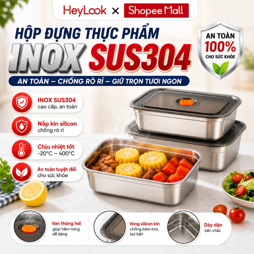 SET 10 Hộp Inox Chống Rỉ 304 Kèm Nắp Bảo Quản Thực Phẩm Tủ Lạnh Đa Năng Sử Dụng Được Cho Lò Vi Sóng