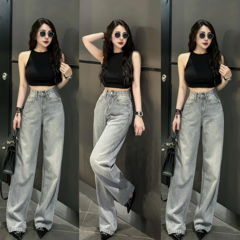 Quần Jeans Suông Trơn Màu Bạc Vải Qc mền WJeans02