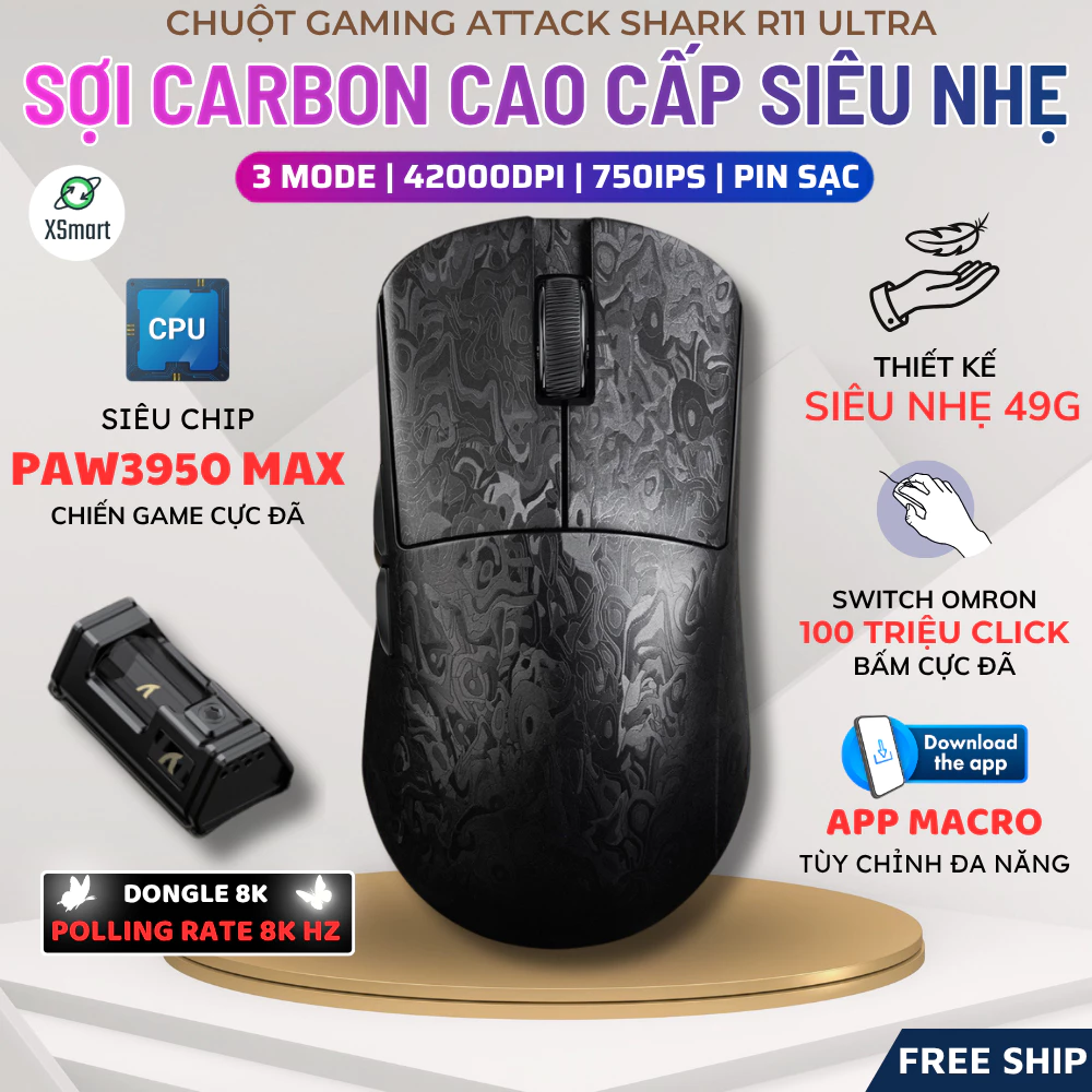 Chuột Gaming Không Dây Attack Shark R11 Ultra Sợi Carbon Siêu Nhẹ 49g Switch Omron Polling Rate 8Khz