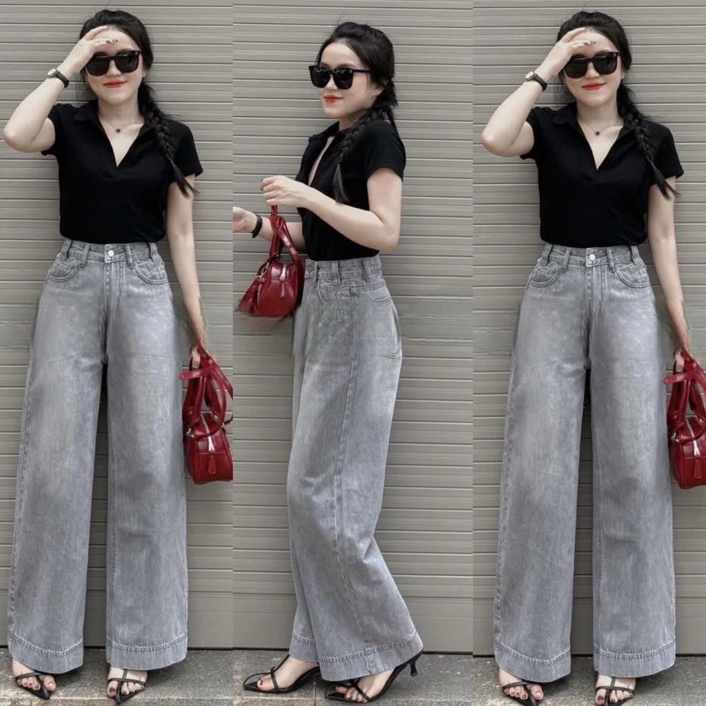 Quần jeans suông trơn màu xám khói chất jeans mềm WJeans05