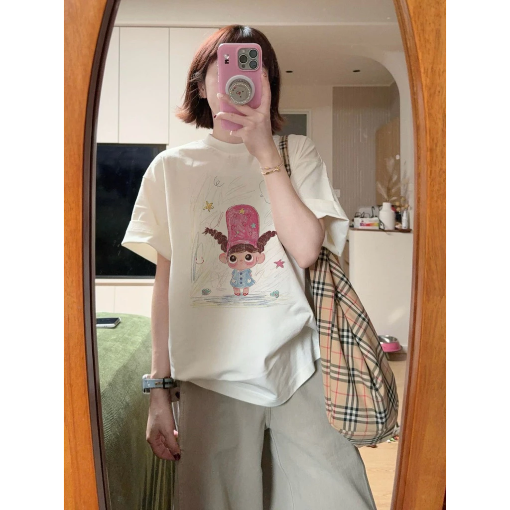 [26293] Áo phông cotton trắng hoạ tiết sao Girl cho nữ chất mềm mát dáng suông rộng thoải mái dễ mặc phối đồ