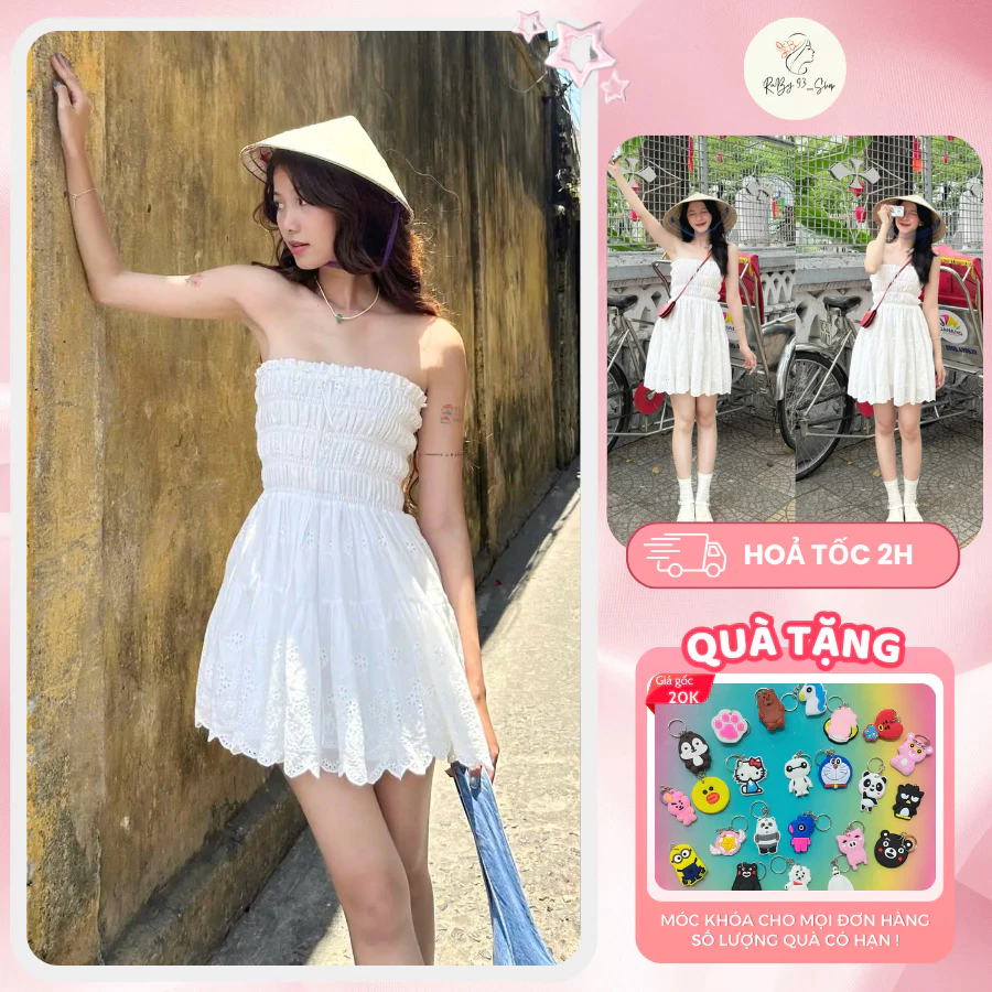 Váy Cúp Ngực Dáng Dài, Đầm Babydoll Ren Xô 3 Tầng Nhún Ngực Siêu Xinh Đi Chơi, Đi Biển