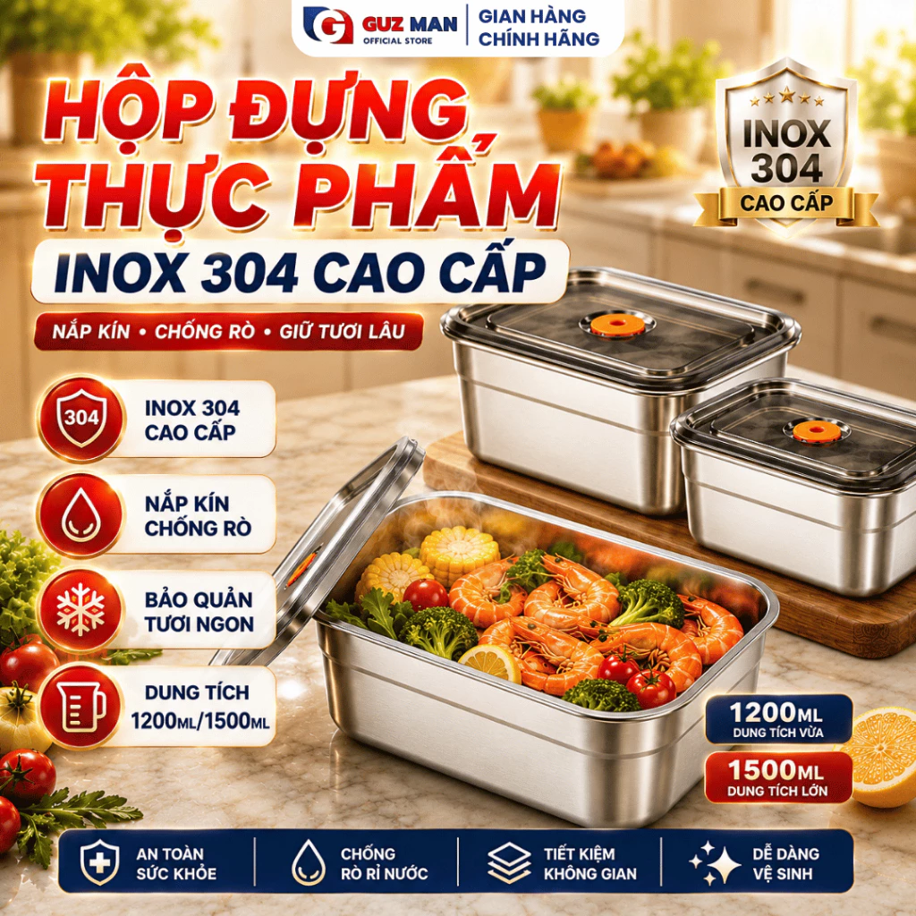 Combo Hộp Đựng Thực Phẩm Inox304 1200ml,1500ml Có Nắp Gioăng Cao Su Chống Tràn,Đựng Đồ Ăn Để Tủ Lạnh