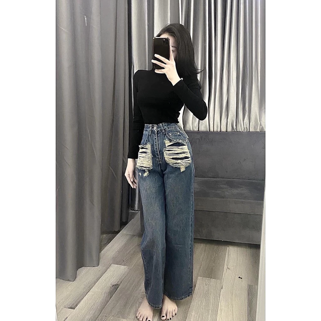 QUẦN JEANS ỐNG RỘNG NỮ LƯNG CAO RÁCH 2 MẢNG TÚI TO XANH ĐẬM LAI CUỐN CỰC HOT HIT SIÊU PHÁ CÁCH QJ-842