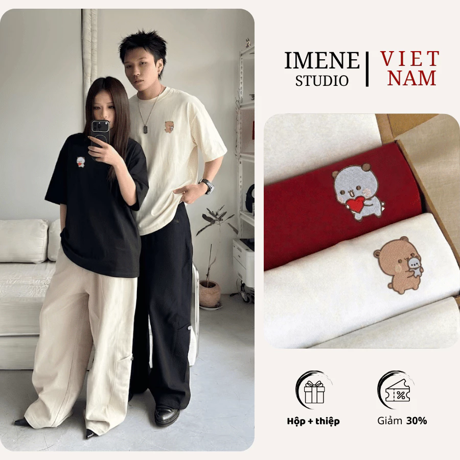 Áo thun THÊU cặp đôi nam nữ, áo phông couple, áo phông nữ vải cotton GẤU TIM form rộng  (IM02)