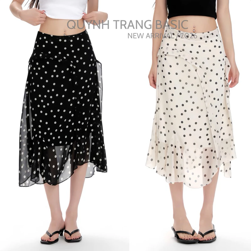 Chân váy đen/trắng chấm bi dáng dài phối bèo nữ vintage Chiffon Ruffle Layer Skirt By QuynhTrangBasic