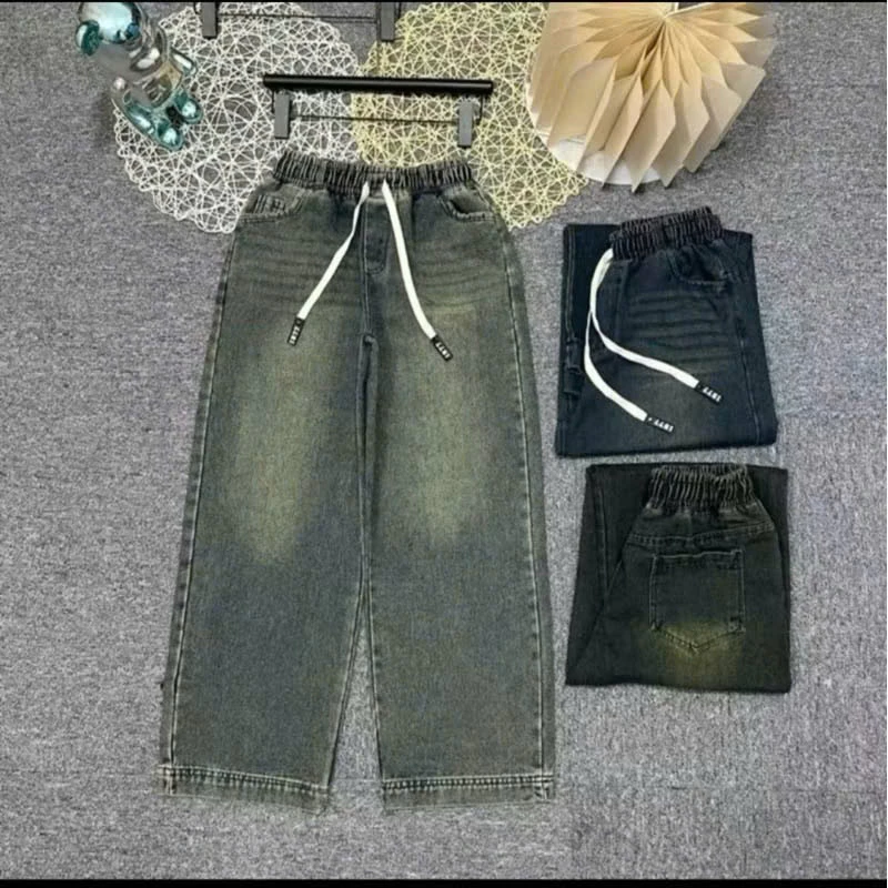 Quần jean nữ bò xuông lưng thun dáng rộng có dây rút  thoải mái WJeans011