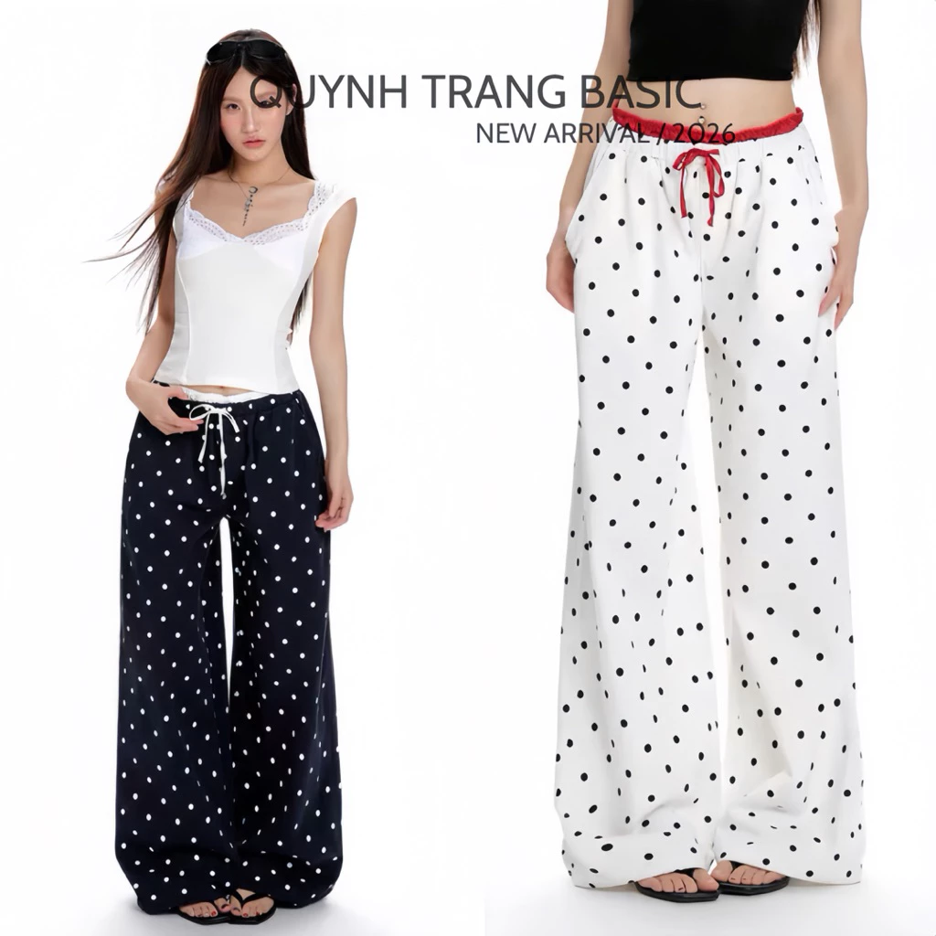 Mila Pants By Quynh Trang Basic | Quần suông ống rộng chấm bi nữ lưng thun dây rút phong cách Hàn Quốc
