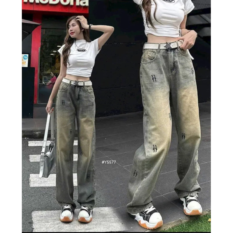 Quần jean Xuông thêu chữ H ống rộng lưng cao  phong cách hàn quốc Ulzzang năng động WJeans013