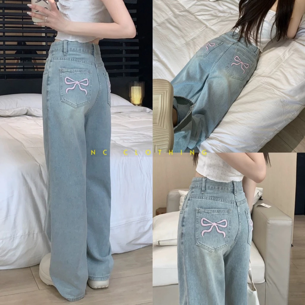 QUẦN JEANS NỮ ỐNG RỘNG THÊU NƠ HỒNG CẠP CAO HÁCH DÁNG HOTTREND 2026 WJeans014