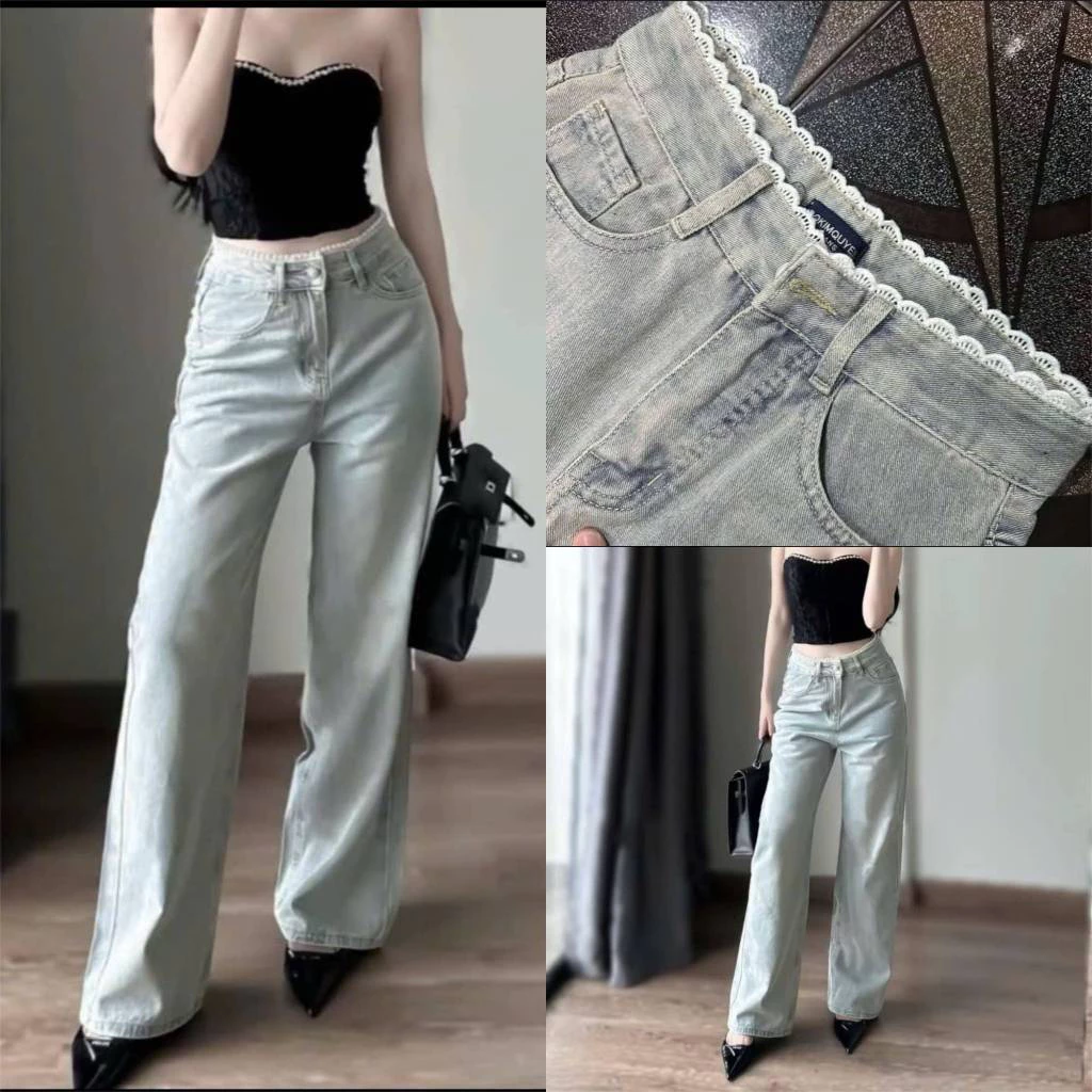 Quần jean bò ống rộng suông xuông nữ jeans cạp cao phong cách style WJeans015